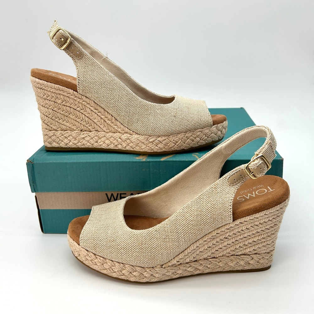 Espadrille Wedge Sandals TOMS Camilla Womens Size 8.5 Beige Sparkle Woven NEW